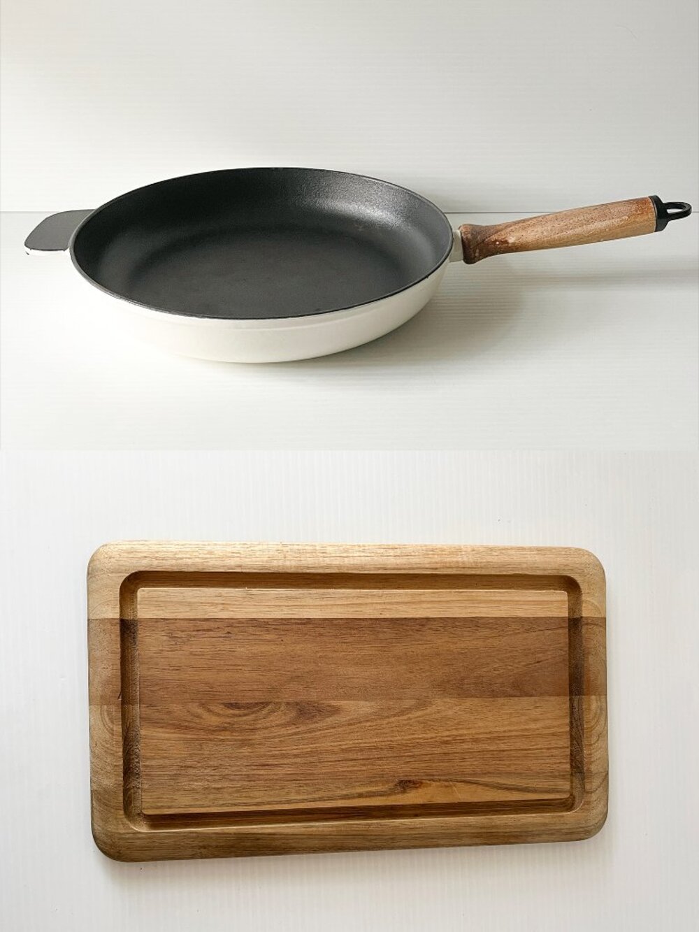 Vintage Enamel Cast Iron Fry Pan Skillet 11" & Natural Hardwood Cutting Board